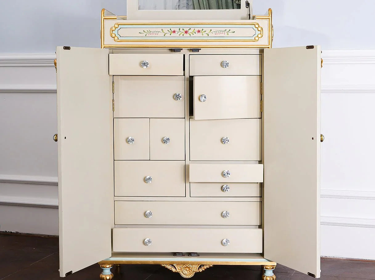 Vintage cabinet C-104 cabinet detail: Small cabinet storage, polished interior – merges vintage style with utility.