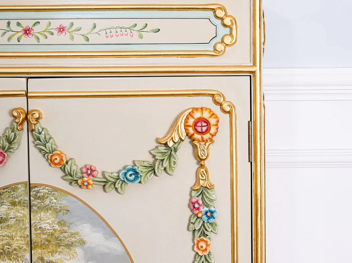 Vintage cabinet C-104 painted detail: Hand-painted floral/scene, gold leaf framing – perfect for elegant decor.