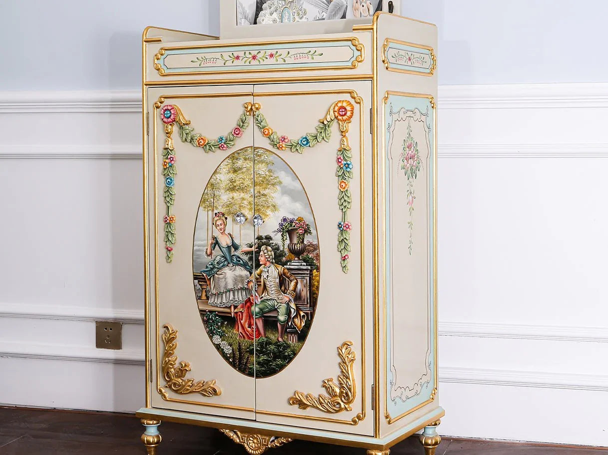 Vintage cabinet C-104 drawer detail: Smooth wood drawers, gold hardware – highlights functional luxury.