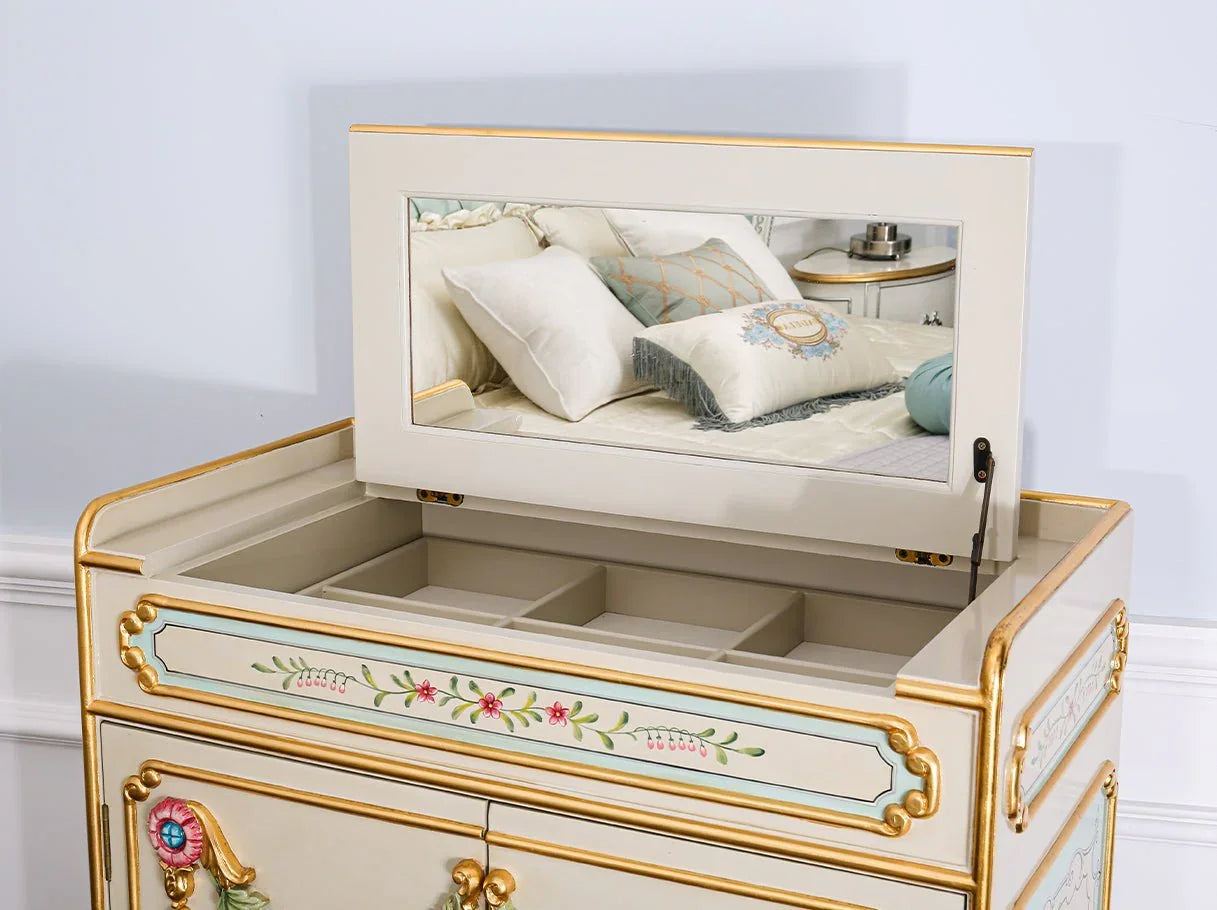 Vintage cabinet C-104 open mirror: Hidden mirror design, multi-storage inside.