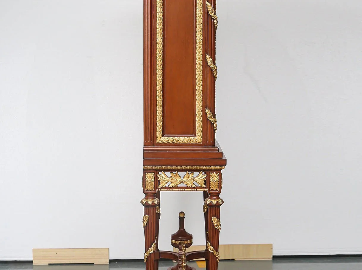 Tall cabinet C-0221 straight side view: Sleek profile, carved wood details, rich finish – showcases structural elegance.