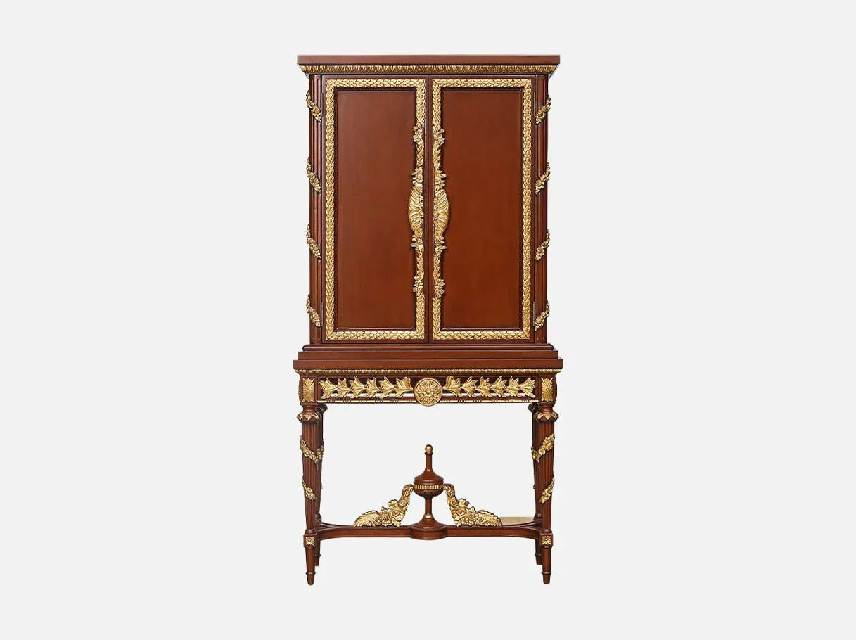 Tall cabinet C-0221 front view: Ornate carved wood, gold leaf trim, cabinet doors – fits high-end French-style spaces.