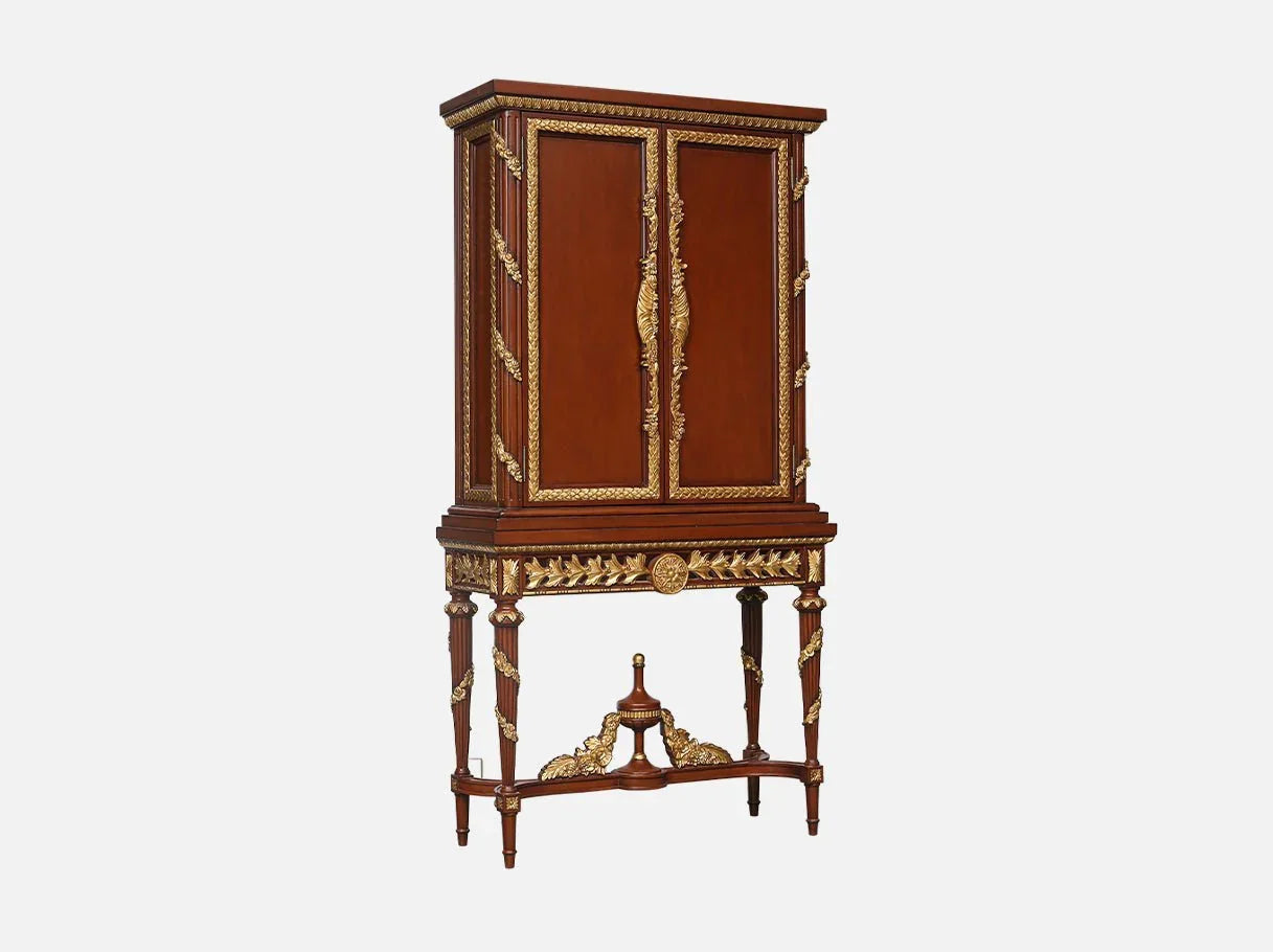 Tall cabinet C-0221 angled side view: Elegant tall silhouette, solid beech wood, gold accents – ideal for luxury interiors.