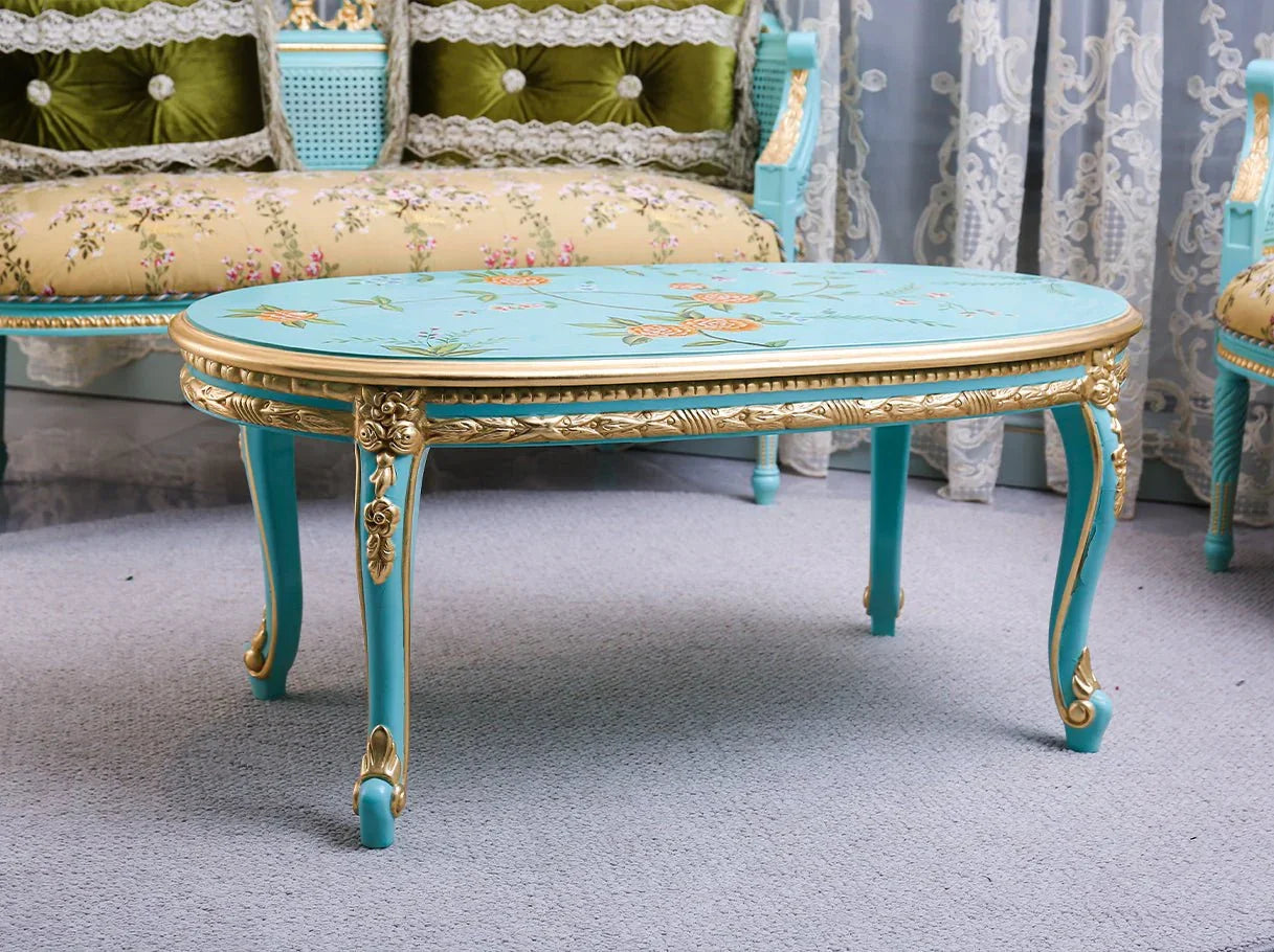 Side perspective of CT-0020 luxury oval coffee table in classic room setting.