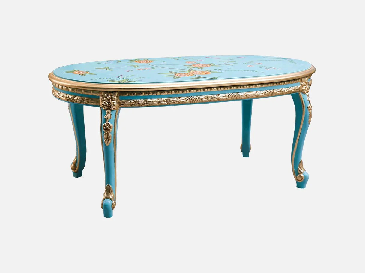 Side view of Oval Coffee Table CT-0020 with hand-painted floral motifs and gold leaf carved frame.