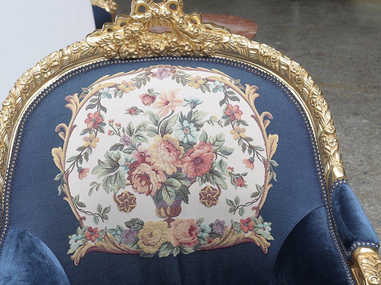 Backrest floral jacquard detail of French armchair A-0020 framed with gilded carving.