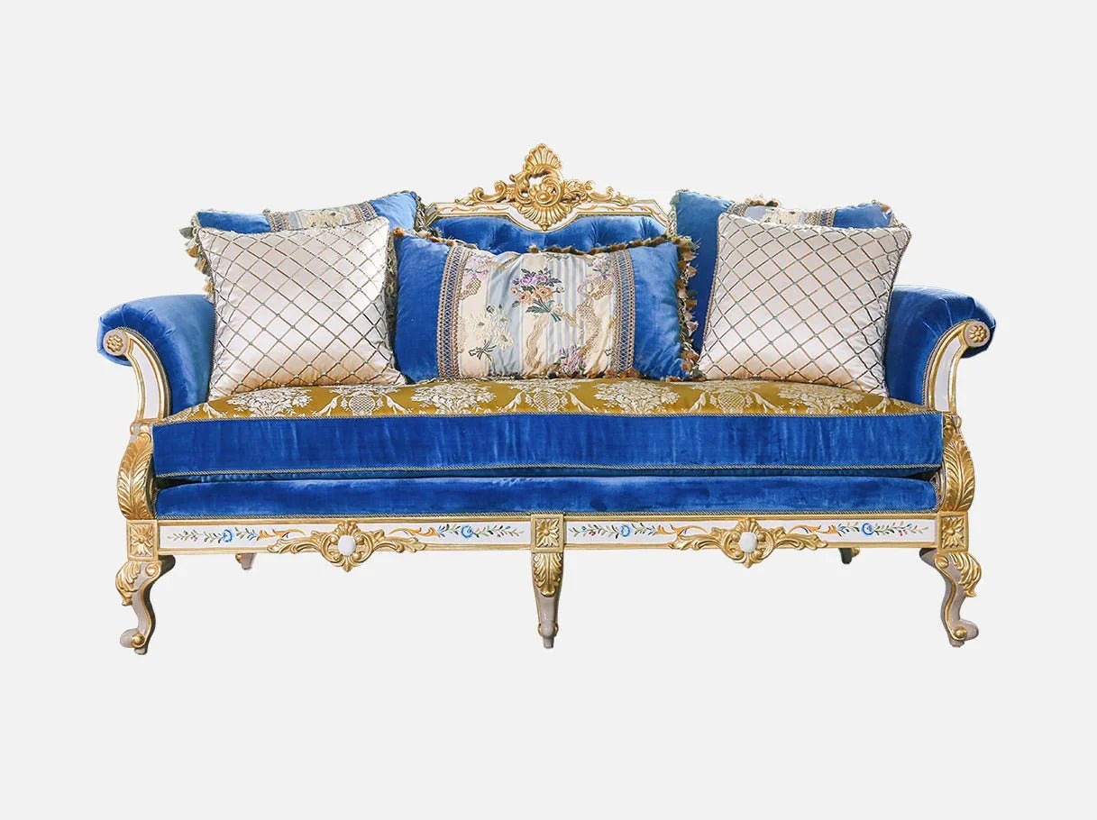 Front view of French sofa S-1138 in blue velvet with carved beech wood frame, gold leaf accents, and hand-painted floral motifs.