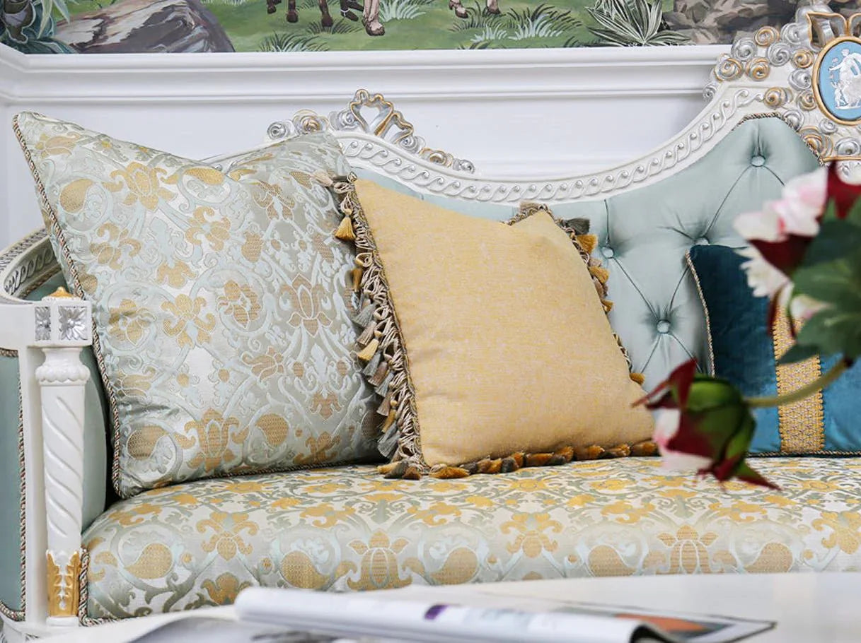 Decorative jacquard and plain-fabric pillows on French sofa S-1179, adding layered comfort and refined elegance to its classic style.