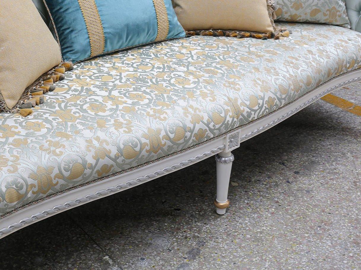 Detail of French sofa S-1179 seat and carved beech frame, highlighting plush jacquard fabric and luminous gold & silver leaf finish.