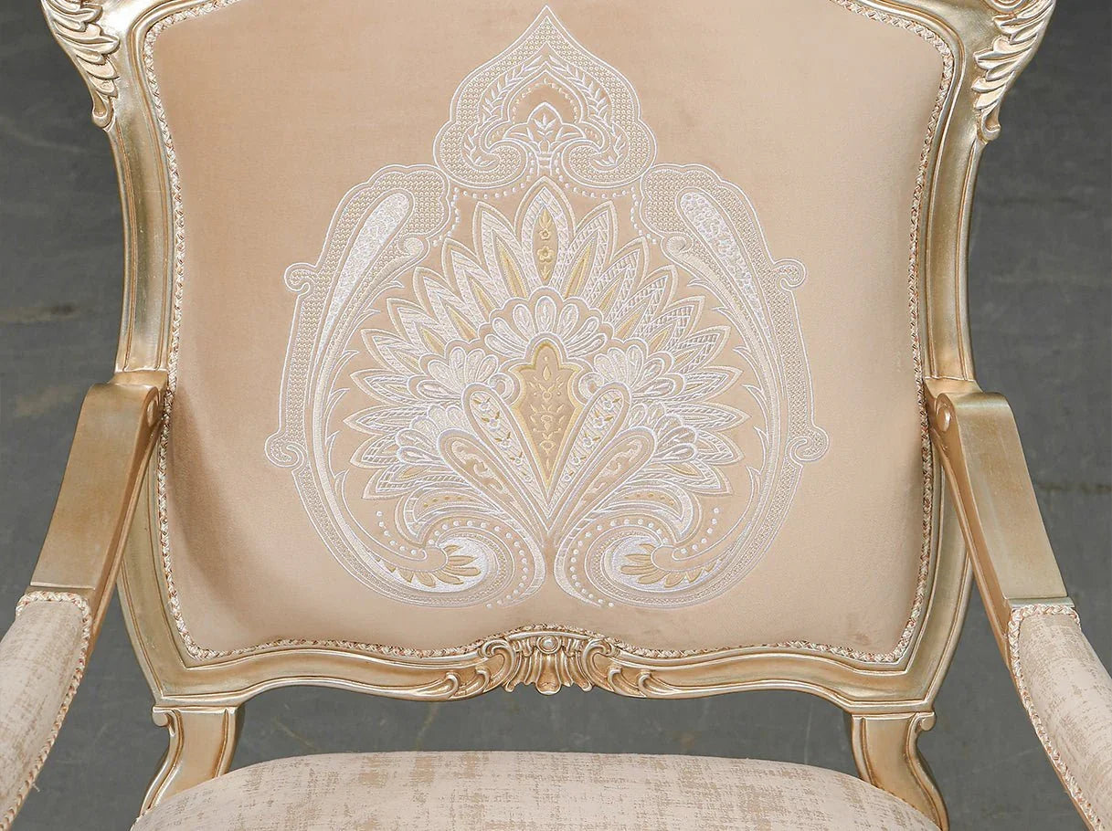 Close-up of embroidered backrest on French armchair A-0306 with ornate floral motif