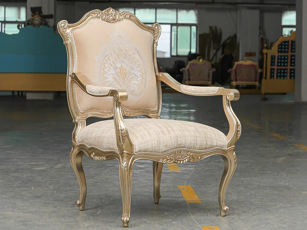 Side view of French armchair A-0306 highlighting curved profile and plush velvet seat