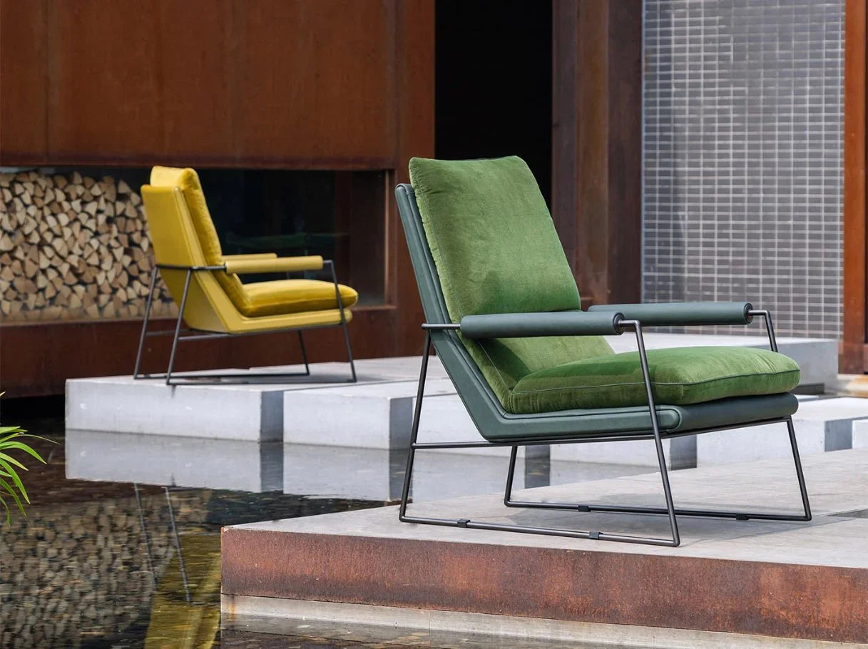 Art Deco armchair placed outdoors by the garden, styled as luxury garden chair