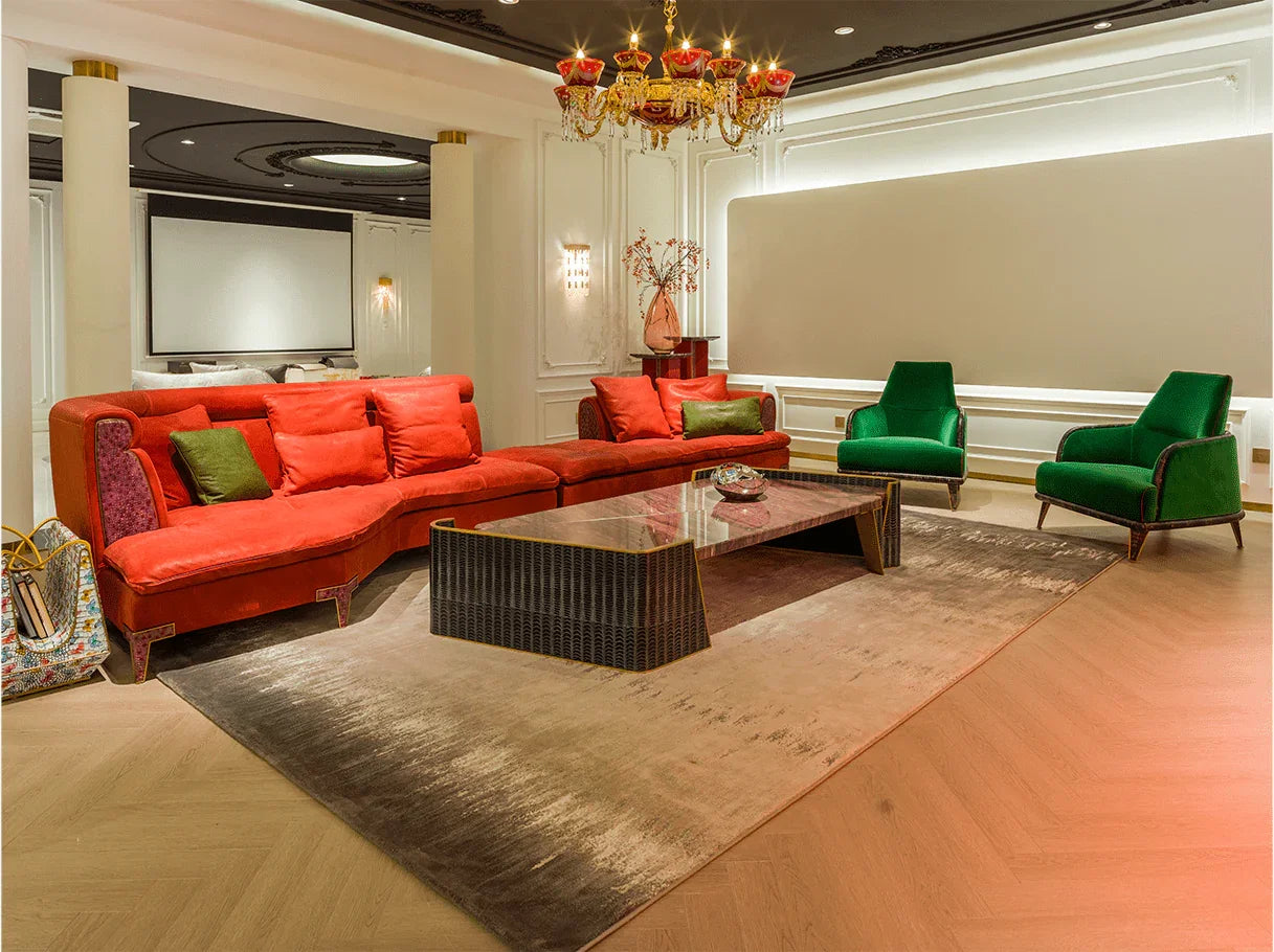 Living room interior with luxury red sofa MA-2586 and green velvet armchair MA-2986