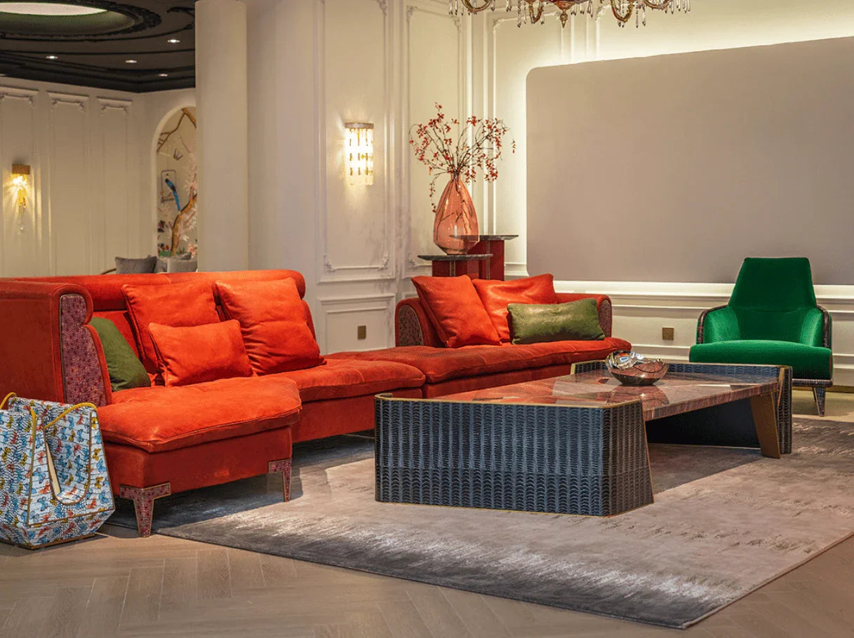 High end furniture set featuring Art Deco velvet armchair and luxury sofa