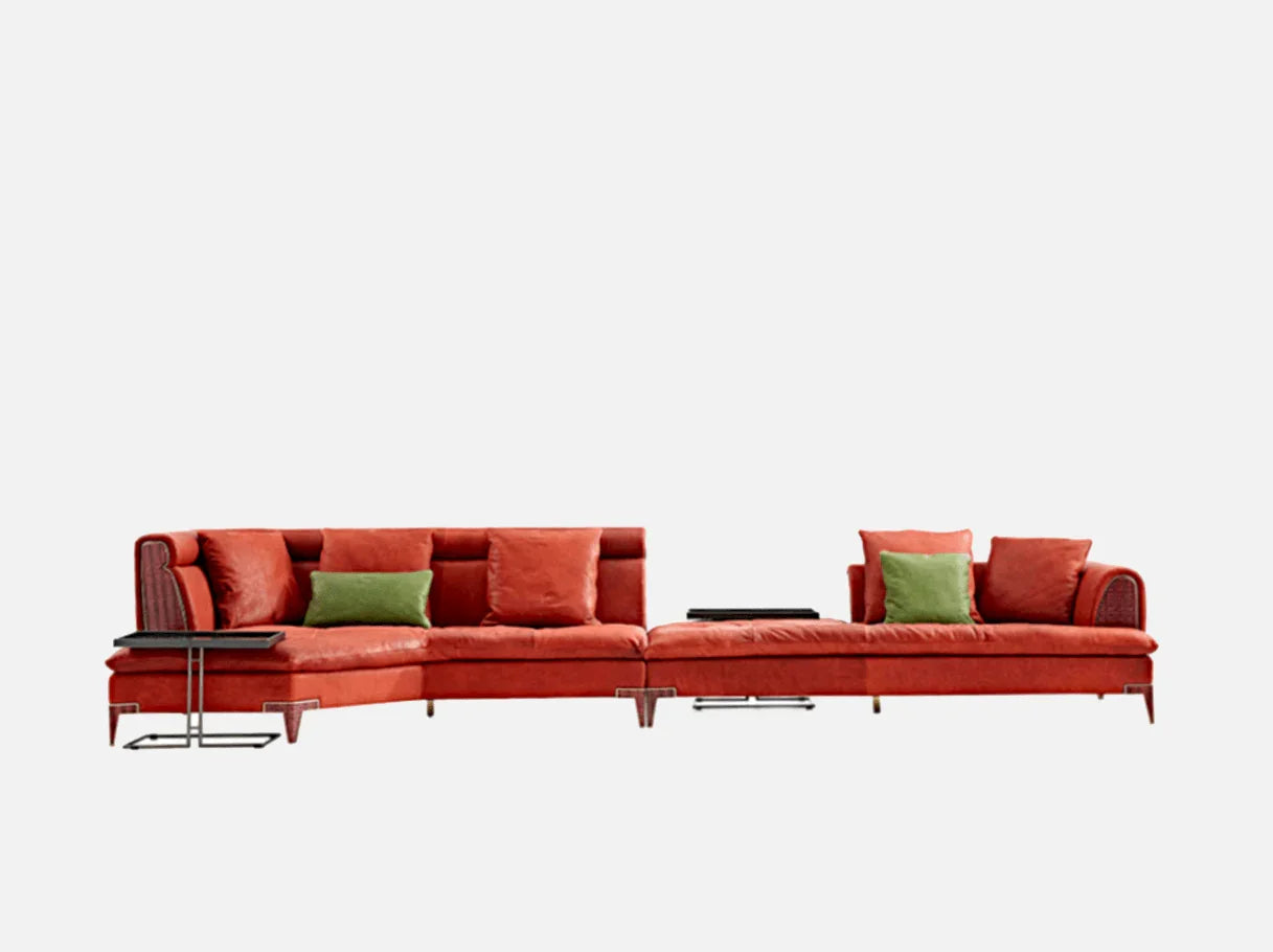 Front view of MS-2981 luxury sectional sofa in vibrant red leather with green cushions – Art Deco design
