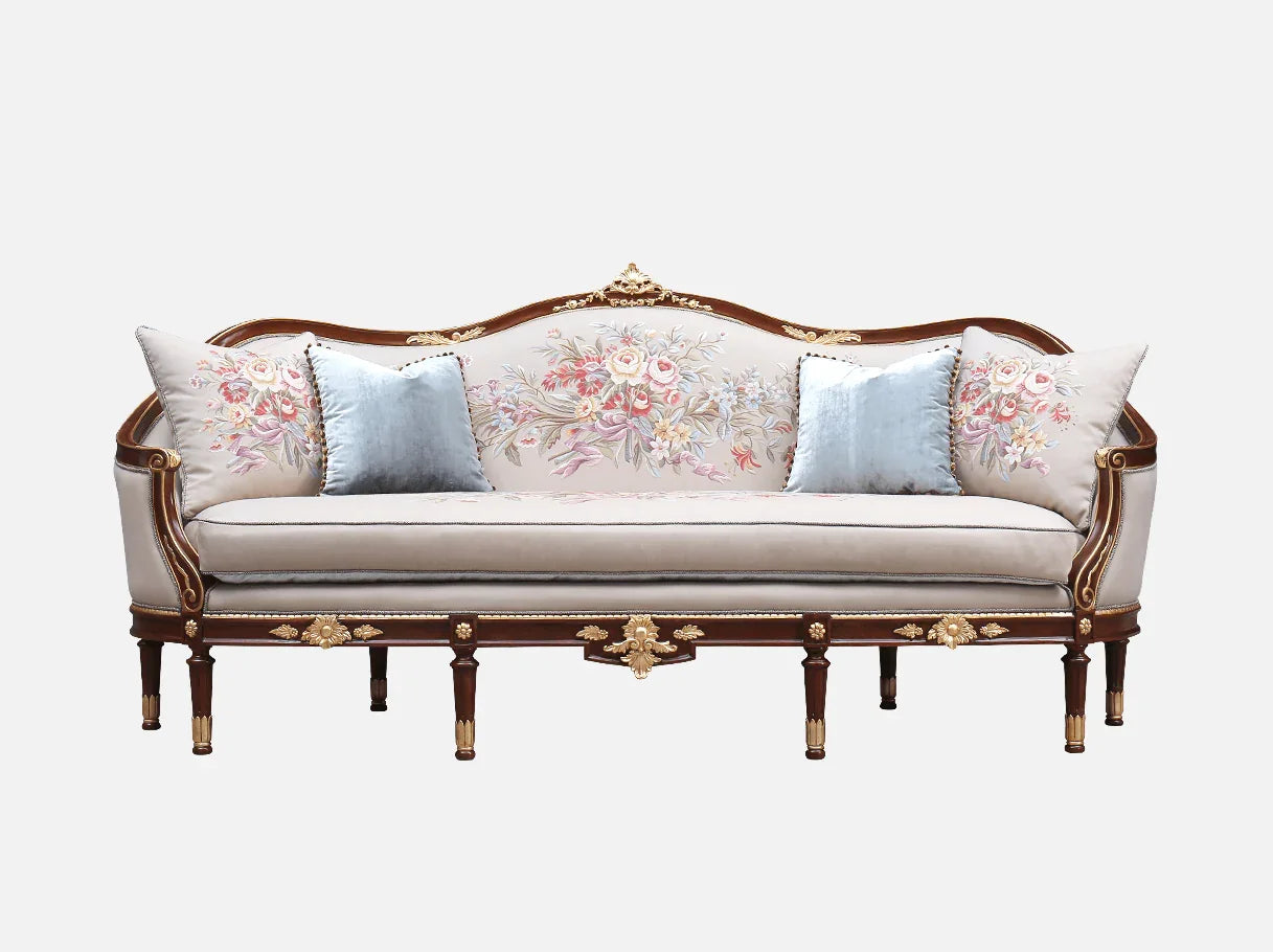 Front view of French sofa S-0659 in floral jacquard and cotton-linen with carved beech wood frame and gold leaf accents.