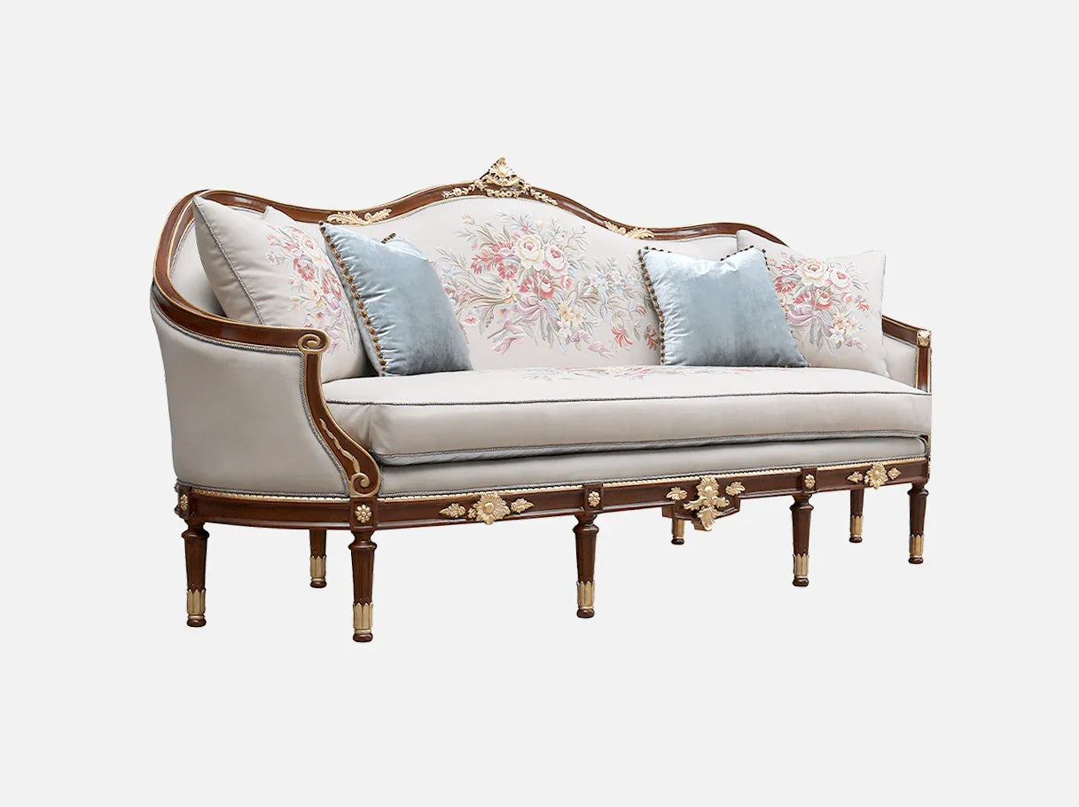 Side angle of French sofa S-0659 showing carved legs, floral jacquard backrest, and cotton-linen seat.