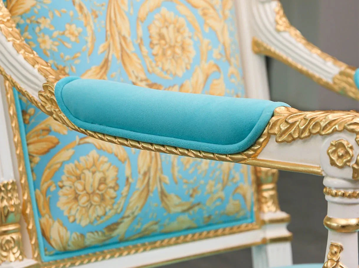 AC-001 high back dining chair back view: Ornate jacquard fabric, beech wood frame with gold leaf – highlighting french style artistry