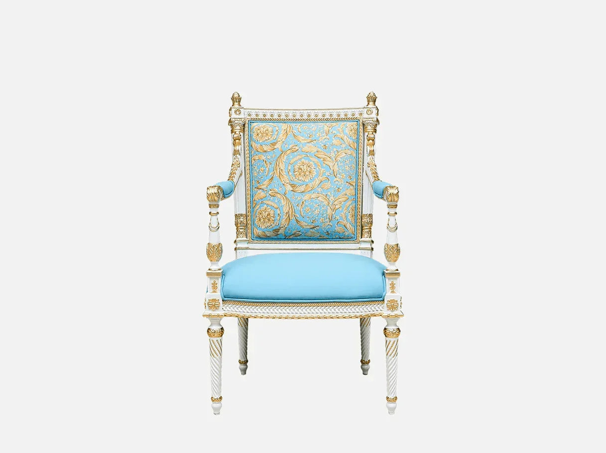High back dining chair AC-001 front view: Beech wood frame, gold leaf accents, velvet seat – ideal for high end furniture
