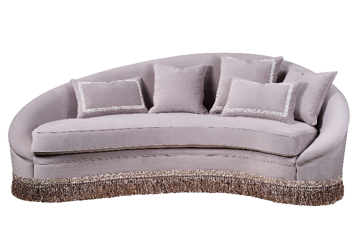 Front view of Luxury Sofa S-723 — solid wood frame, plush velvet upholstery, and full-circle tassel trim
