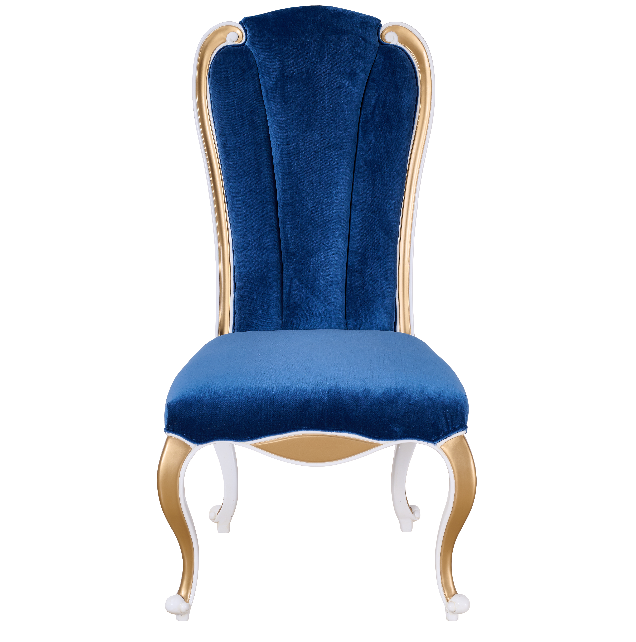 Front view of Tufted Dining Chair DC-073 — beech wood gold leaf carvings, deep blue velvet upholstery, tufted backrest