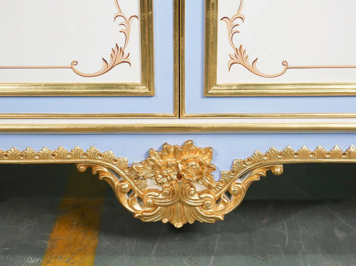 French entryway cabinet C-001 base detail: Ornate gold leaf carvings, solid beech wood legs.