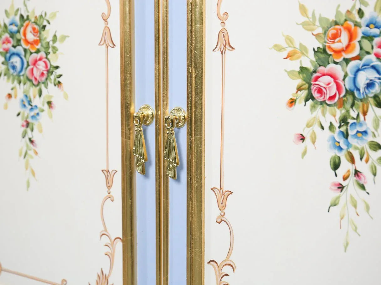 French entryway cabinet C-001 detail: Intricate hand-carvings, gold leaf accents on wood.