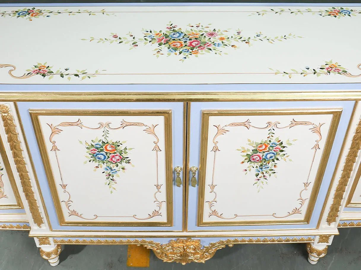 French entryway cabinet C-001 painted detail: Hand-painted floral design, gold leaf framing – perfect for elegant decor.