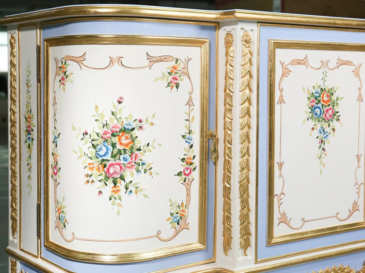 French entryway cabinet C-001 side: Elegant curved silhouette, solid beech wood, gold accents.