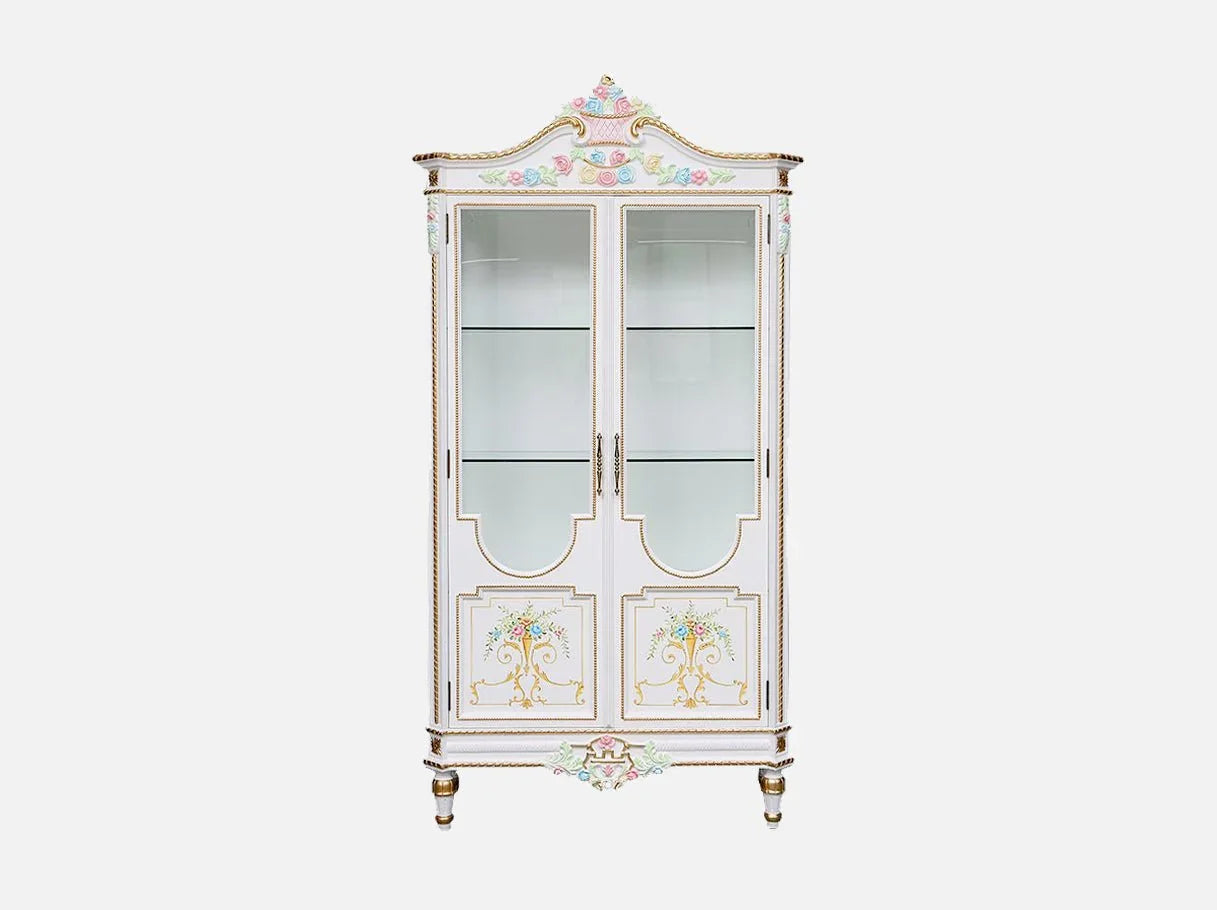 Liquor cabinet C-454 front view: Tempered glass doors, ornate carved wood with gold leaf, hand-painted florals – fits high-end spaces.