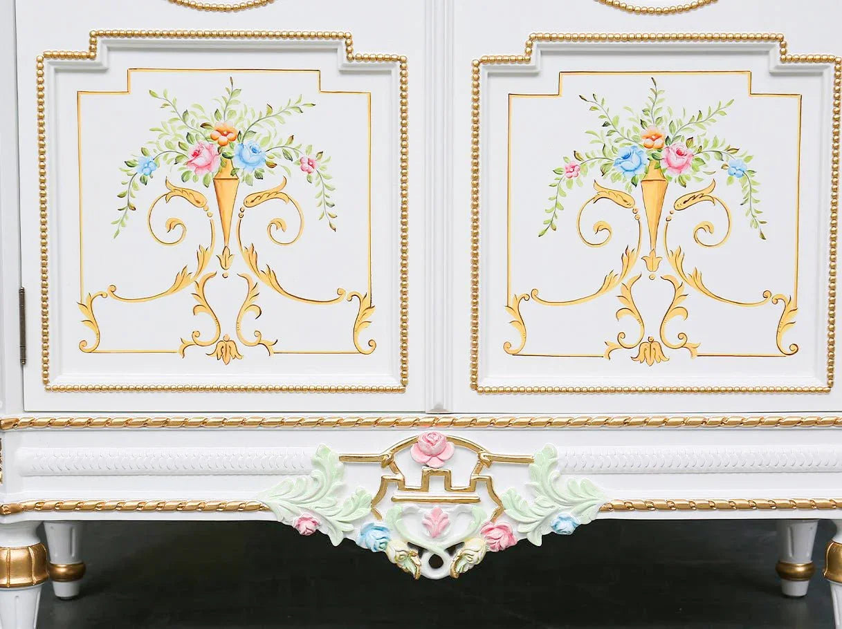 Liquor cabinet C-454 door wood detail: Hand-painted floral patterns on solid wood, framed with gold leaf lines.