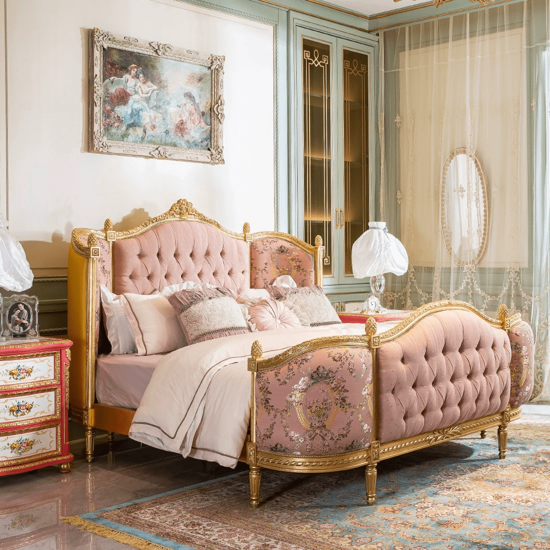 Blush French Rococo Bedroom: Jacquard Bed at the Heart of Opulence - RITONG HOME Furnishing