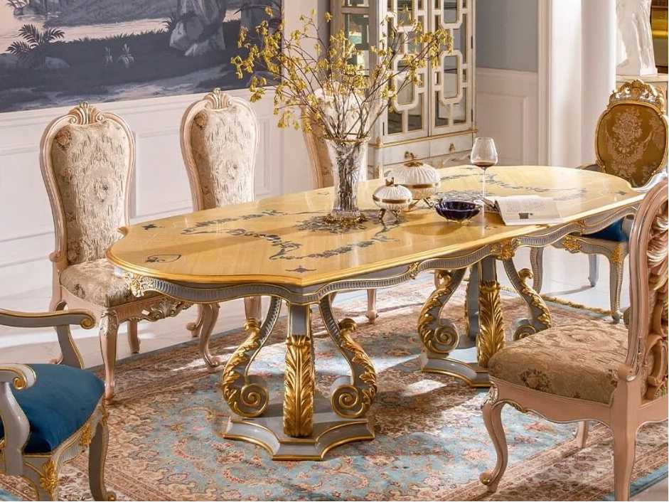 Gilded French Rococo Dining Set: D-085 Pedestal Table & DC-085 Upholstered Chair - RITONG HOME Furnishing