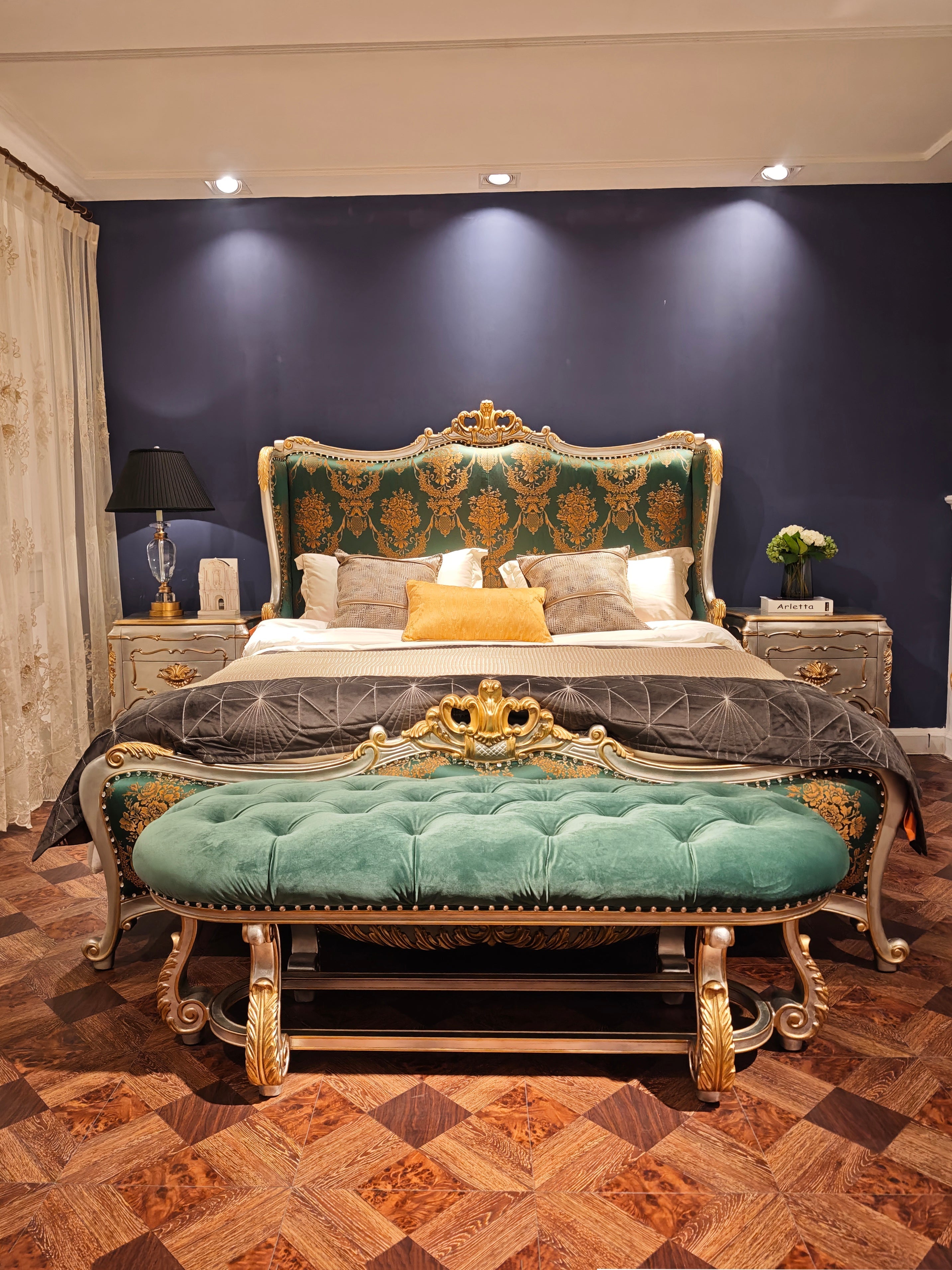 Green Velvet Bed: French Silver Nightstand & Bedroom French Bench Set - RITONG HOME Furnishing