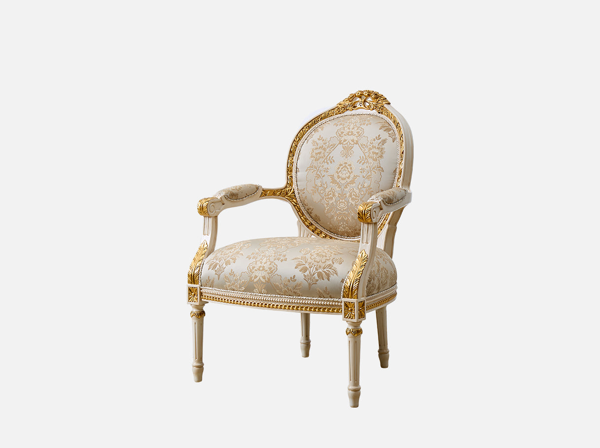 Angle view of A-0061 accent armchair showcasing its curved silhouette and sculpted armrest artistry