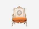 Front view of A-1183 orange armchair highlighting its ornate silhouette, gold leaf crown headrest, and floral details