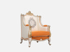 Side view of A-1183 orange armchair showcasing its hand-carved frame, gold leaf accents, and orange silk seat