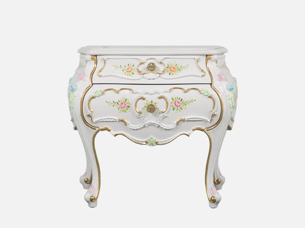 Front view of N-241 painted bedside table — beech wood carved frame, gold leaf accents, hand-painted floral motifs, and French Rococo design