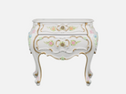Front view of N-241 painted bedside table — beech wood carved frame, gold leaf accents, hand-painted floral motifs, and French Rococo design