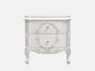 Front view of N-011 wood nightstand — beech wood carved frame, silver leaf accents, white finish, and French Rococo design