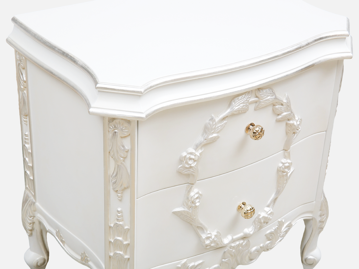 Close-up of N-011 wood nightstand’s drawer carvings, silver leaf accents, and ornate drawer pulls