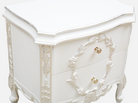 Close-up of N-011 wood nightstand’s drawer carvings, silver leaf accents, and ornate drawer pulls