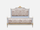 Front view of Pink Bed Frame B-072 showcasing its hand-carved frame, gold leaf accents, and pink jacquard upholstery