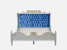 Front view of B-1123 fancy bed frame — beech wood carved frame, gold leaf accents, blue velvet headboard, and regal baroque design