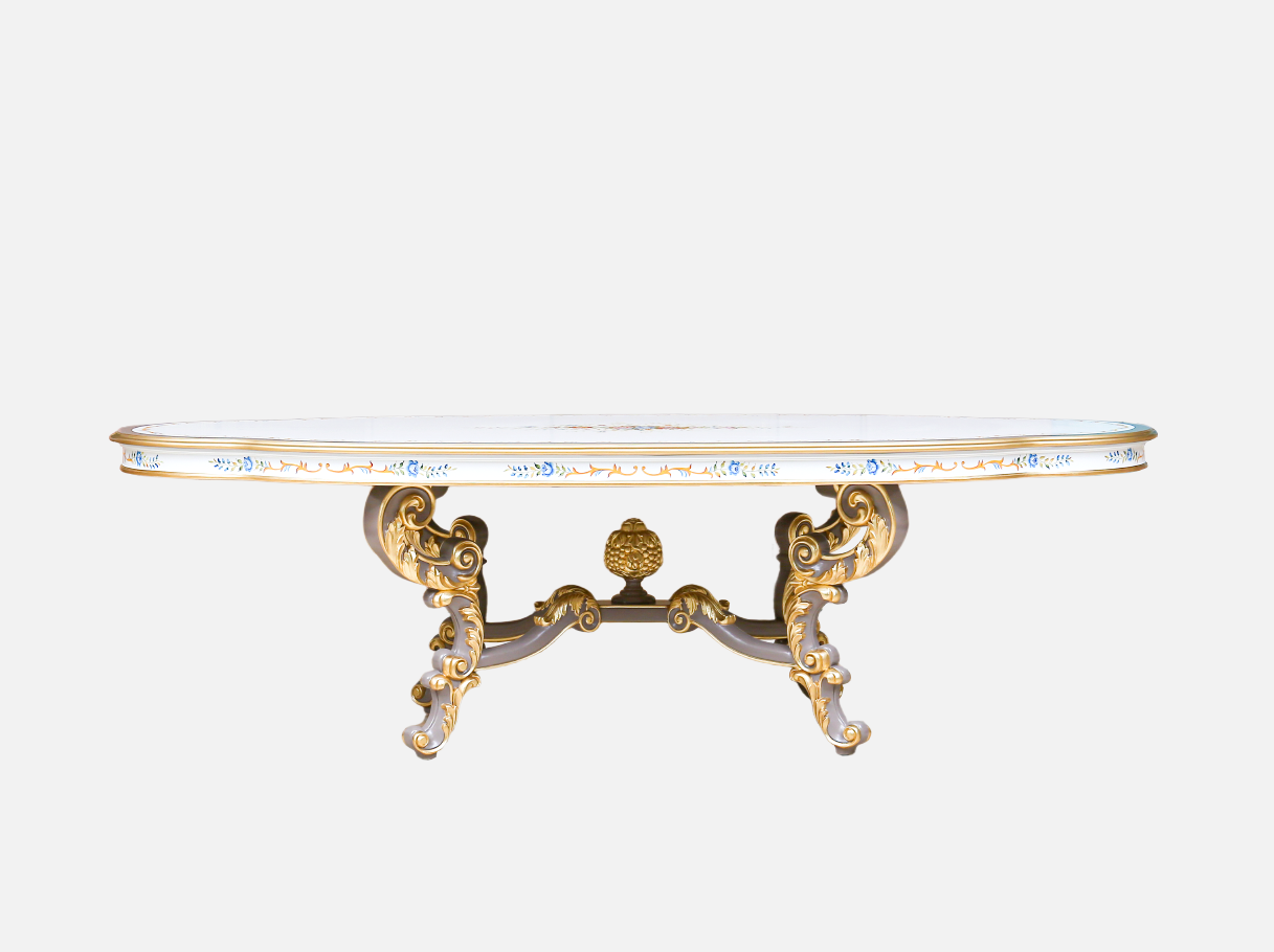 Oval wood dining table D-042 front: Ornate carved base, gold leaf trim, hand-painted accents – fits high-end classic rooms.