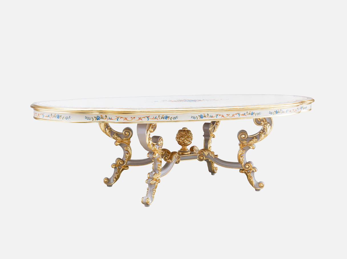 Oval wood dining table D-042 side: Elegant oval shape, carved beech wood, detailed base – ideal for refined interiors.
