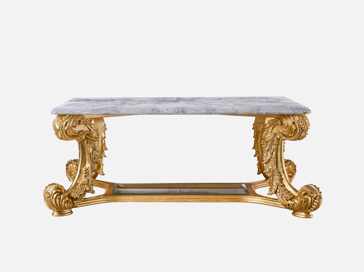 Full view of CT-001 coffee table in marble: Solid beech frame with gold leaf acanthus carvings, gray marble top, and curved baroque legs. 