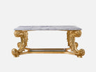 Full view of CT-001 coffee table in marble: Solid beech frame with gold leaf acanthus carvings, gray marble top, and curved baroque legs. 