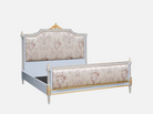Angle view of Pink Bed Frame B-072 highlighting its structured silhouette, gold leaf styling, and bedroom integration