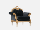 Angle view of A-1178 sofa chair single showcasing its hand-carved details, gold leaf finishing, and plush velvet seat